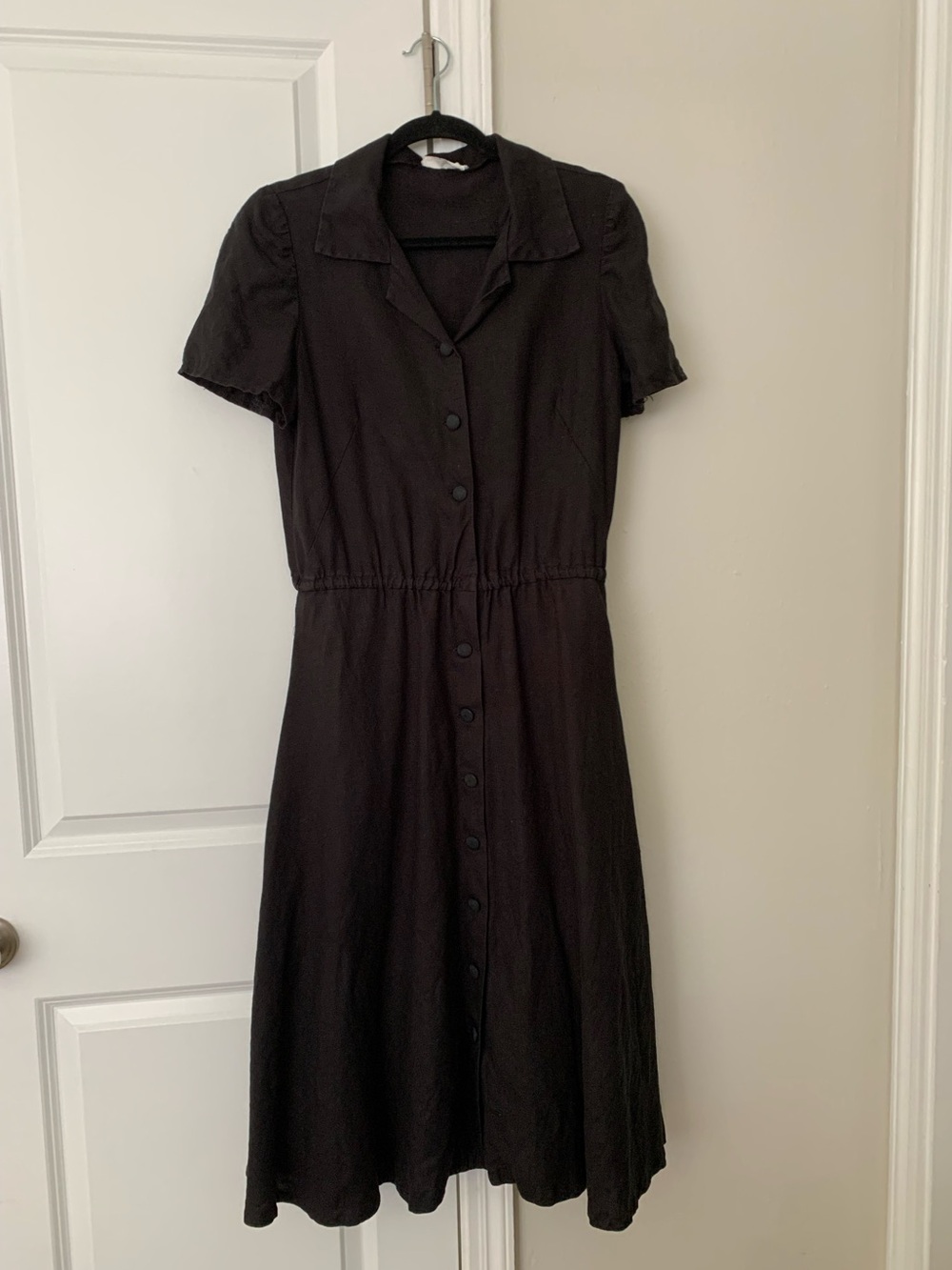 Vintage Black Linen Midi Shirt Dress